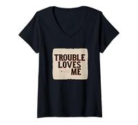 Mujer Logotipo Divertido de Trouble Loves Me para Adultos y niños Camiseta Cuello V