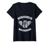 Mujer Logotipo Divertido Estilo Club de Motociclistas de Air Fryer Gang Born to Fry Camiseta Cuello V
