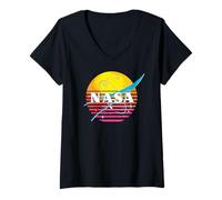 Mujer Logotipo Retro de exploración Espacial Artemis II de la NASA al Atardecer Camiseta Cuello V