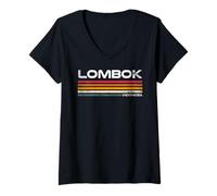 Mujer Lombok Indonesia Vintage Retro Viaje Rayas Isla Diseño Camiseta Cuello V