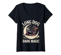 Mujer Long Dog Dark Magic Perro Salchicha Halloween Camiseta Cuello V