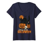 Mujer Long Live Halloween Funny Pumpkin Black Cat Men Women Camiseta Cuello V