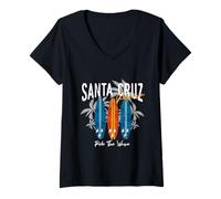 Mujer Longboard de Surf California Surfer Santa Cruz, Vintage, Retro Camiseta Cuello V