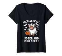 Mujer Look At Me All Sober and Moo Sábana Divertida Vaca De Halloween Camiseta Cuello V