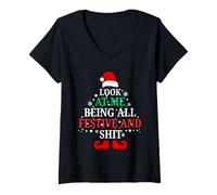 Mujer Look at Me Being All Festive and Shits Funny Christmas Santa Camiseta Cuello V