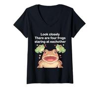 Mujer Look Closely Four Frogs Staring - Funny Frog Kawaii Chibi Camiseta Cuello V