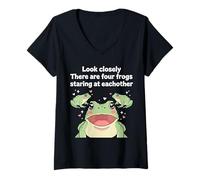 Mujer Look Closely Four Frogs Staring - Funny Frog Kawaii Chibi Camiseta Cuello V