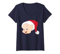 Mujer Looney Tunes Porky Pig Santa Hat Camiseta Cuello V