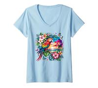 Mujer Loro Guacamayo exótico Tropical Floral Vista al Mar Camiseta Cuello V