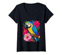 Mujer Loro Guacamayo Tropical e Hibisco Floral pájaro de la Isla Camiseta Cuello V