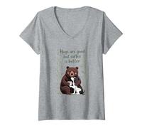 Mujer Los Abrazos Son Buenos Pero el café es Mejor Divertido Oso y Perro Camiseta Cuello V