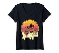 Mujer Los Ángeles California Playa Retro Atardecer Camiseta Cuello V