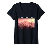Mujer Los Ángeles Pink Sunset Downtown Palm Trees Niños Niñas Mujeres Camiseta Cuello V