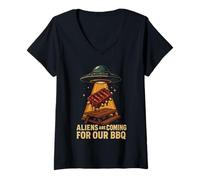 Mujer Los Extraterrestres Vienen por Nuestro Humor BBQ Camiseta Cuello V