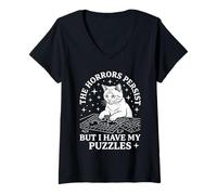Mujer Los horrores persisten Pero Tengo mis Rompecabezas Gato Divertido Camiseta Cuello V