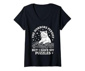 Mujer Los horrores persisten Pero Tengo mis Rompecabezas Gato Divertido Camiseta Cuello V