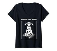 Mujer Los Humanos Son extraños Retro Divertido Nave Espacial Alien UFO Secuestro Camiseta Cuello V