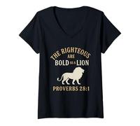 Mujer Los justos son audaces como un león Proverbios 28:1 Christian Camiseta Cuello V