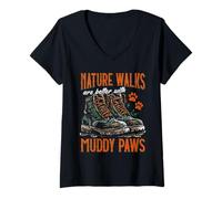 Mujer Los paseos por la naturaleza son mejores con patas fangosas caminando con perro Camiseta Cuello V