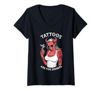 Mujer Los Tatuajes Son para los pecadores Tatuaje Divertido Mujer Diablo Tatuador Camiseta Cuello V