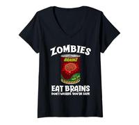 Mujer Los Zom omen Cerebros no se preocupan sarcástico Zombie Halloween Camiseta Cuello V