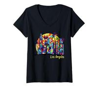 Mujer LosAngeles Pop Art Palmera Horizonte Retro Camiseta Cuello V