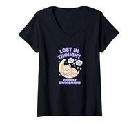 Mujer Lost in Thought Orgullosamente soñando Despierto Cat Kawaii Art Camiseta Cuello V