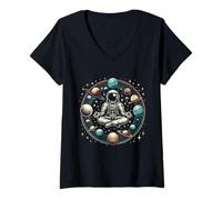 Mujer Loto Vintage Meditante Astronauta Zen Yoga Space Universo Camiseta Cuello V