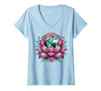 Mujer Lotus Earth Flower Eco Balance Botanical Globe Art Camiseta Cuello V