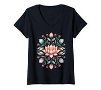 Mujer Lotus Mandala Floral Art Boho Bloom Naturaleza Diseño Camiseta Cuello V
