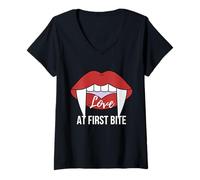 Mujer Love At First Bite Vampiro Halloween Divertido Gráfico Romántico Camiseta Cuello V