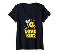Mujer Love Bug Cute Kawaii Valentines Bee con Corazones Camiseta Cuello V