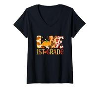 Mujer Love First Grade Happy Fall Thanksgiving Women 1st Teacher Camiseta Cuello V
