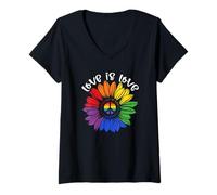 Mujer Love is Love Rainbow Sunflower LGBT Gay Camiseta Cuello V