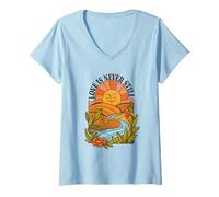 Mujer Love is Never Still - Arte Vintage de la Naturaleza del río Sol de los años 70 Camiseta Cuello V