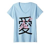 Mujer Love Kanji Symbol & Sakura Flowers Valentine’s Day Camiseta Cuello V