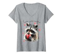 Mujer Love You More Raccoon Holding a Heart Womens Cute Valentine Camiseta Cuello V