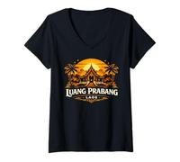 Mujer Luang Prabang Laos Puesta de Sol Templo Diseño de Viajes Camiseta Cuello V