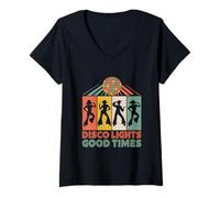 Mujer Luces de discoteca y buenos tiempos vintage de los años 70 bailando baile retro Camiseta Cuello V