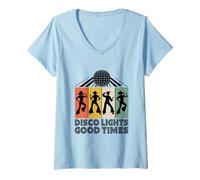 Mujer Luces de discoteca y buenos tiempos vintage de los años 70 bailando baile retro Camiseta Cuello V