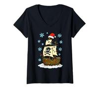 Mujer Luces de Navidad envueltas en un Lindo Barco Pirata a Juego Familia Camiseta Cuello V