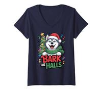 Mujer Luces navideñas Divertidas de Bark The Halls Husky Lover Camiseta Cuello V