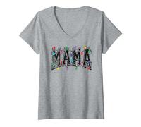 Mujer Luces navideñas navideñas de Mama, Atuendo a Juego para Toda la Familia Camiseta Cuello V