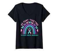 Mujer Luchamos Juntos Concientización sobre el cáncer de tiroides Boho Rainbow Camiseta Cuello V