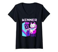 Mujer Lucky Cat Arcade Ganador Retro Gaming Art Camiseta Cuello V
