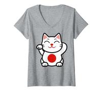 Mujer Lucky Cat Maneki Neko Fortune Emblema Icono Camiseta Cuello V