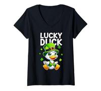 Mujer Lucky Duck Cute Duck Día de San Patricio a juego Camiseta Cuello V