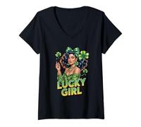 Mujer Lucky Girl Glam Shamrock St Patricks Day Cute Irish Camiseta Cuello V