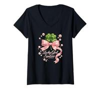 Mujer Lucky Girl Síndrome Coquette Pink Bow Día de San Patricio Camiseta Cuello V