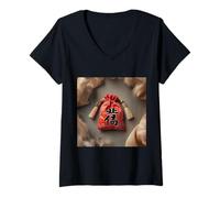Mujer Lucky Good Fortune Amuleto Omamori Camiseta Cuello V